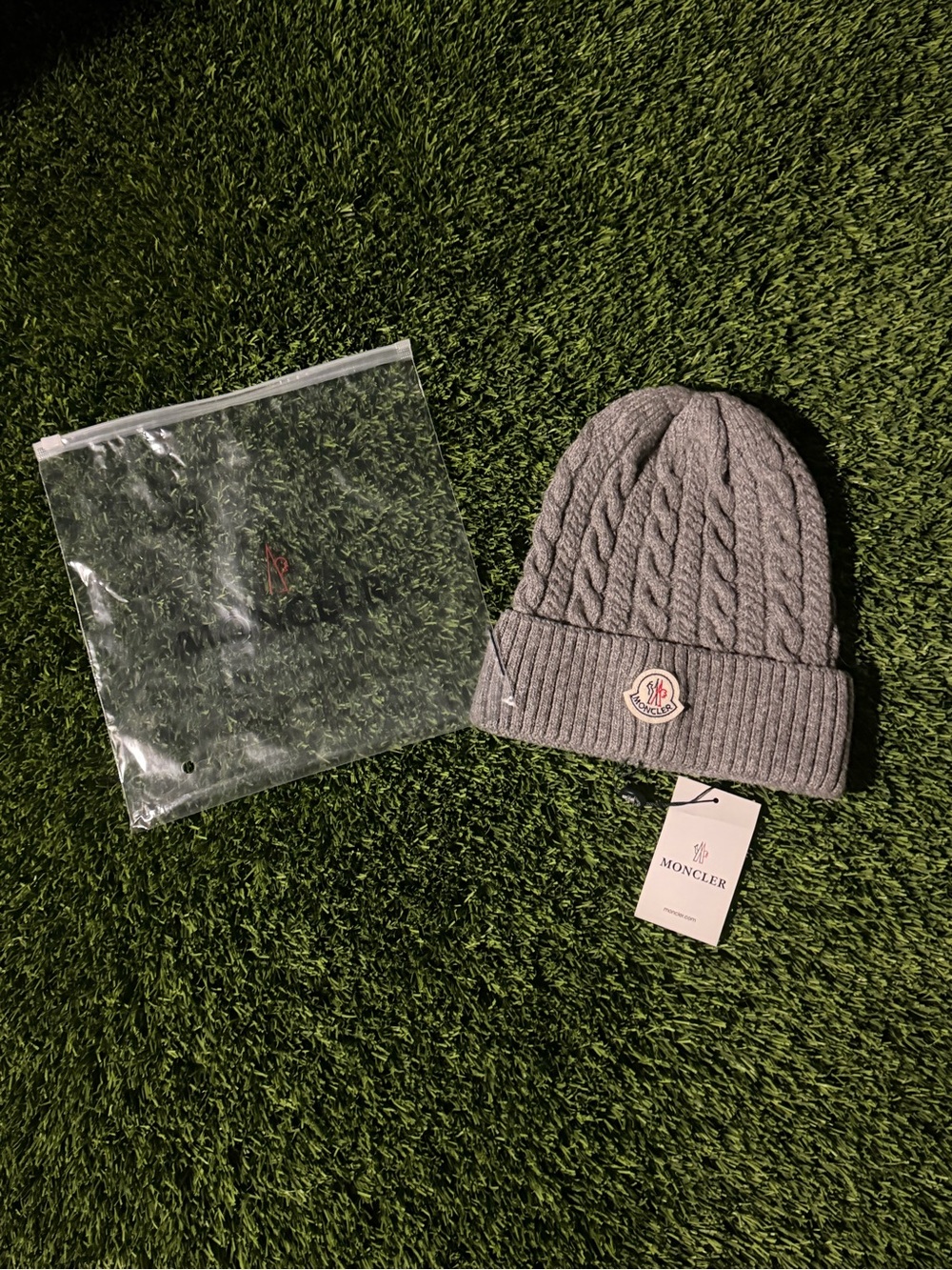 Moncler Gray Cable Knit Fold-Over Beanie